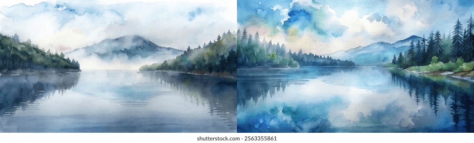 Lush watercolor landscape featuring mountains and a calm lake reflecting the sky.