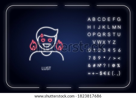 Lust neon light icon. Outer glowing effect. Passionate affection, strong sexual desire, lewdness sign with alphabet, numbers and symbols. Person feeling aroused vector isolated RGB color illustration