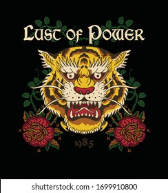 lust of power.Japanese style tiger head and rose.t shirt graphic design.Vector eps.