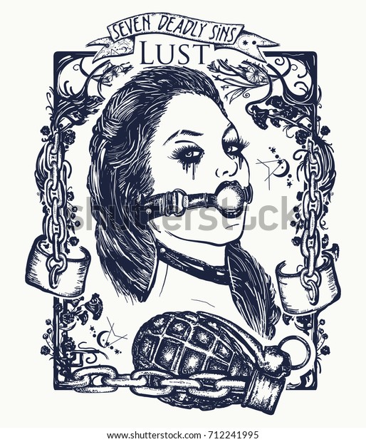 Lust. Seven\
deadly sins tattoo and t-shirt design. Sexy woman, symbol of\
fornication, debauchery, sexual perversions\

