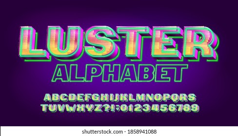 Luster alphabet font. Neon light 3d letters and numbers. Stock vector typescript for your typography design.