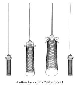 Lüster Kronleuchter Vektor 97. Zylinderampulle aus Perforierten Blechmetallen. Es sieht wie ein Moskitonetz aus. Eine Vektorgrafik eines Kronleuchters.