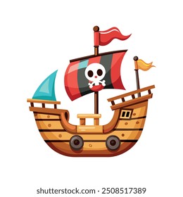 Ilustram um navio pirata estilo cartoon, Pirata Dentro de seu Navio à Vela