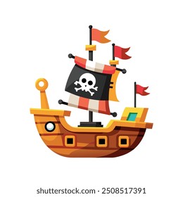 Ilustram um navio pirata estilo cartoon, Pirata Dentro de seu Navio à Vela