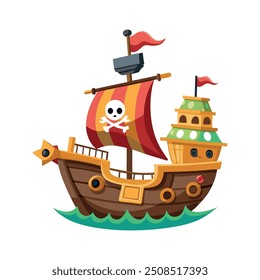 lustrate a cartoon-style pirate ship, Pirate Inside his Sailing Ship