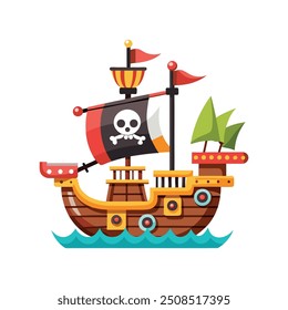 Ilustram um navio pirata estilo cartoon, Pirata Dentro de seu Navio à Vela