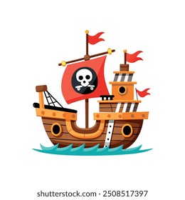 Ilustram um navio pirata estilo cartoon, Pirata Dentro de seu Navio à Vela