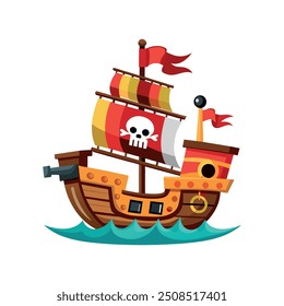 Ilustram um navio pirata estilo cartoon, Pirata Dentro de seu Navio à Vela