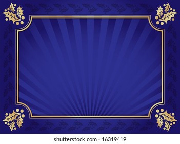 Lustrous Blue and Gold Holly Bordered Background.