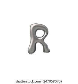 A lustrous R stands in 3D, rendered with a chrome appearance, metal drops, and a reflective silver quality in a vector design on a white background