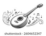 Lute , Arabic Oud musical instrument With the musical scale and musical notes on the sides , Vector illustration of hand drawn of Oud musical instrument on a white background. 
