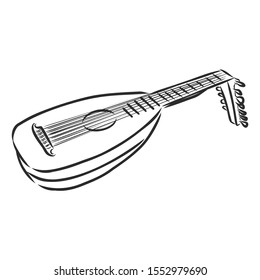 lute musical instrument sketch, contour vector illustration 