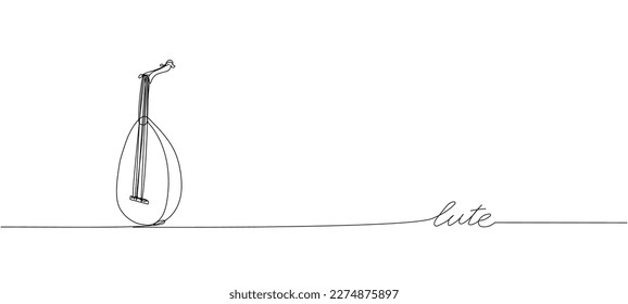 Lute one line art. Continuous line drawing of music, instrument, folk, musical, culture, acoustic, ethnic, kobza, traditional, mandolin, string with an inscription, lettering, handwritten.