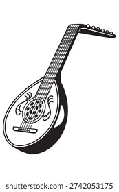 Lute. String music instrument. Black and white vector clipart isolated on white.