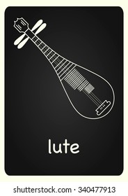 Lute vector image on chalkboard. Black and white picture. EPS 10