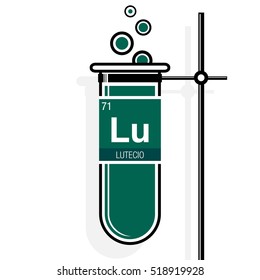 Lutecio symbol - Lutetium in Spanish language - on label in a green test tube with holder. Element number 71 of the Periodic Table of the Elements - Chemistry 