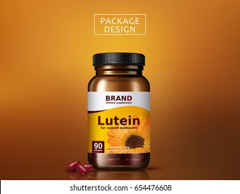 lutein dietary supplement package design, isolated golden background, 3d illustration