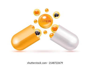 Lutein medicine capsule orange. Vitamin complex with chemical formula from marigold and blackcurrant to nourish eyes. Medical and healthcare concept. 3D Vector. Isolated on a white background.