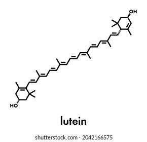 Lutein yellow-orange plant pigment molecule. Used as food and feed additive but also naturally present in many vegetables. Skeletal formula.
