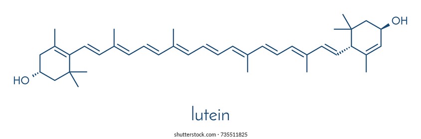 Lutein yellow-orange plant pigment molecule. Used as food and feed additive but also naturally present in many vegetables. Skeletal formula.