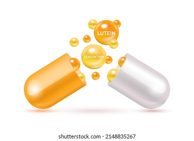 Lutein and Zeaxanthin medicine capsule orange. Vitamin complex with Chemical formula from marigold to nourish eyes. Medical and healthcare concept. 3D Vector. Isolated on a white background.