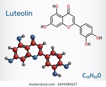 Molécula de luteolina. Citrinos e ervas bioflavonoides, antioxidantes e anti-inflamatórios. Fórmula química estrutural, modelo molecular. Ilustração vetorial