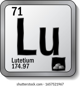 Lutetium or Lu periodic table element icon on silver metallic button vector illustration. 3d sticker with soft shadow for chemical product label or digital web page graphic design element.