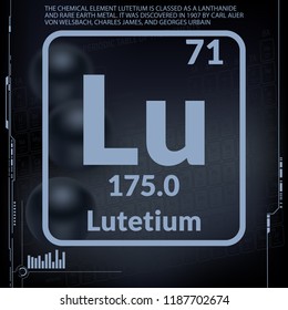Lutetium symbol.Chemical element of the periodic table on a dark three-dimensional background.Vector illustration.