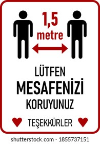 Lutfen Mesafenizi Koruyunuz Tesekkurler ("Keep Your Distance Thank You" in Turkish) 1,5 Metres or 1,5 m Vertical Social Distancing Instruction Sign with an Aspect Ratio of 3:4. Vector Image.