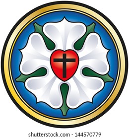 Luther Rose. Colorized Illustration Of The Luther Seal, A Symbol For Lutheranism. A Black Cross In A Red Heart As Symbol Of Holy Trinity, A White Rose In A Sky-blue Field And Around A Golden Ring.