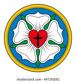 Luther Rose  Or Seal, Symbol Of Lutheranism, As An Expression Of The Theology And Faith Of Martin Luther. Black Cross In Red Heart, A White Rose In Sky-blue Field And A Orange Ring.