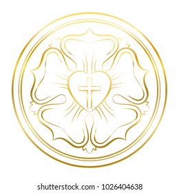 Luther Rose Symbol. Golden Illustration On White Background. Martin Luther Seal, Symbol Of Lutheranism, Consisting Of A Cross, A Heart, A Single Rose And A Ring.