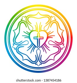 Luther Rose Symbol. Rainbow Colored Sign Of Lutheranism And Protestants, Consisting Of A Cross, A Heart, A Single Rose And A Ring - Isolated Vector Illustration On White Background.
