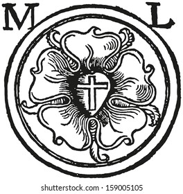 Luther Seal Woodcut, called Luther rose, a widely-recognized symbol for Lutheranism. The components are a cross in a heart as symbol of the Holy Trinity, a single rose in a field and around a ring.