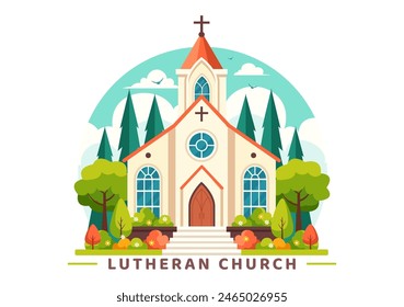 Lutherische Kirchenarchitektur mit einem Kathedralentempel und christlicher religiöser Vektorillustration in einem flachen Cartoon-Stil Hintergrund