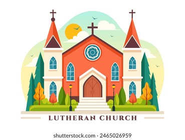 Lutherische Kirchenarchitektur mit einem Kathedralentempel und christlicher religiöser Vektorillustration in einem flachen Cartoon-Stil Hintergrund