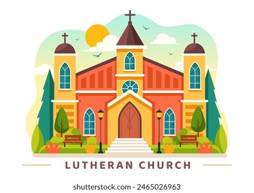 Ilustración vectorial de la iglesia luterana con un edificio del templo de la catedral y arquitectura religiosa cristiana en un fondo plano del estilo de la historieta