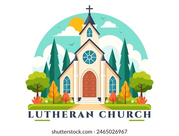 Ilustración vectorial de la iglesia luterana con un edificio del templo de la catedral y arquitectura religiosa cristiana en un fondo plano del estilo de la historieta