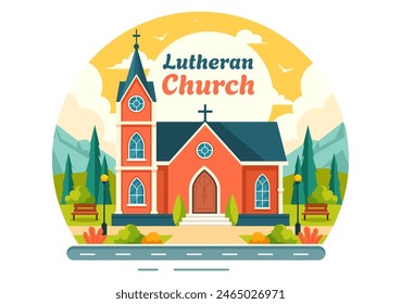 Ilustración vectorial de la iglesia luterana con un edificio del templo de la catedral y arquitectura religiosa cristiana en un fondo plano del estilo de la historieta