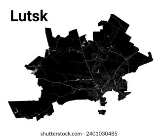 Mapa de la ciudad de Lutsk, Ucrania. Fronteras administrativas municipales, mapa de zonas negras y blancas con ríos y carreteras, parques y ferrocarriles. Ilustración vectorial.