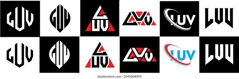 LUV letter logo design in six style. LUV polygon, circle, triangle, hexagon, flat and simple style with black and white color variation letter logo set in one artboard. LUV minimalist and classic logo