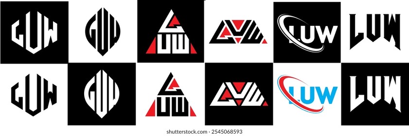 Diseño del logotipo de la letra de LUW en seis estilos. LUW polígono, círculo, triángulo, hexágono, estilo plano y simple con logo de letra de variación de color blanco y negro en una mesa de trabajo. Logotipo minimalista y clásico de LUW