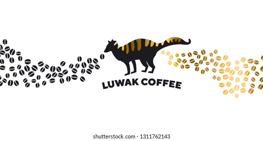 Luwak coffee vector banner template. Asian palm civet black silhouette. Organic drink production concept. Kopi beans golden gradient texture. Handwritten lettering. Poster, emblem, logotype design 