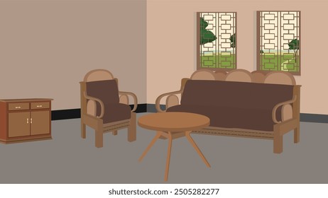 Luxary Drawing room vector design with vintage sofa set a round coffee table.Living room background