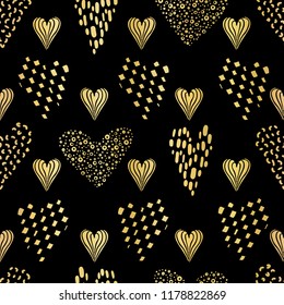 Luxe Black Gold Love Hearts Sprinkles Texture Pattern, Seamless Vector Background, Romantic Ditsy Foiled Heart Confetti Illustration for Pink Valentines Wedding Invitations, Metallic Party Stationery