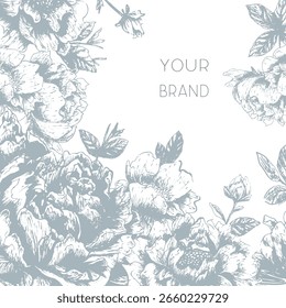 Luxe invite template, premium vector background pattern for wedding, bachelorette party, gift certificate, corporate letterhead, award. Peony flower on white background. Floral cover, frame design set