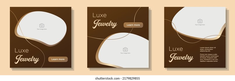 Luxe jewelry social media post, banner set, jeweler shop advertisement concept, luxury, elegant accessories marketing square ad, necklace, bracelet abstract print, isolated on background