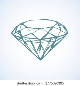 Luxe old cut chic shimmer karat zircon emblem on white background. Outline freehand blue ink pen hand drawn logo pictogram in art retro line doodle contour print style. Closeup view paper text space