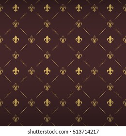 Luxe pattern with golden beige royal lily and kingly flower ornament in style of fashion on retro brown shining background with star mesh fill out. Decorative seamless carpet, cover, wrapping design.