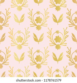 Luxe Rose Gold Foil Floral Lattice Seamless Vector Pattern, Drawn Damask Flower Illustration Trendy Invitation, Elegant Packaging, Festive Backdrop, Metallic Wedding Stationery, Luxury Pink Gift Wrap